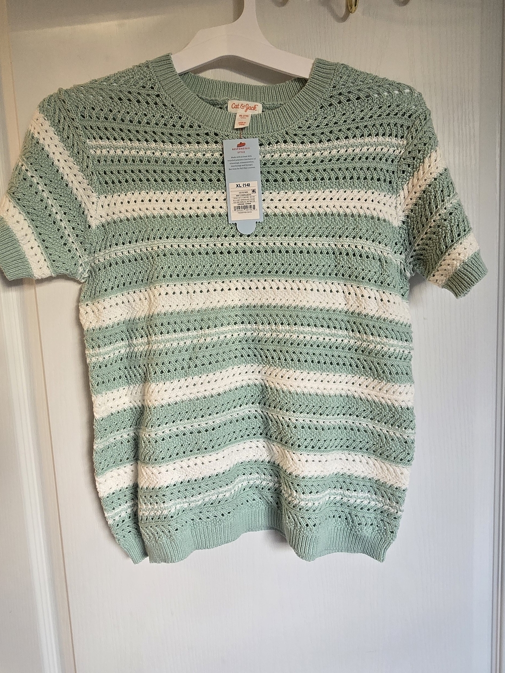 Cat & Jack Mint Green and White Striped Knit Short Sleeve Sweater